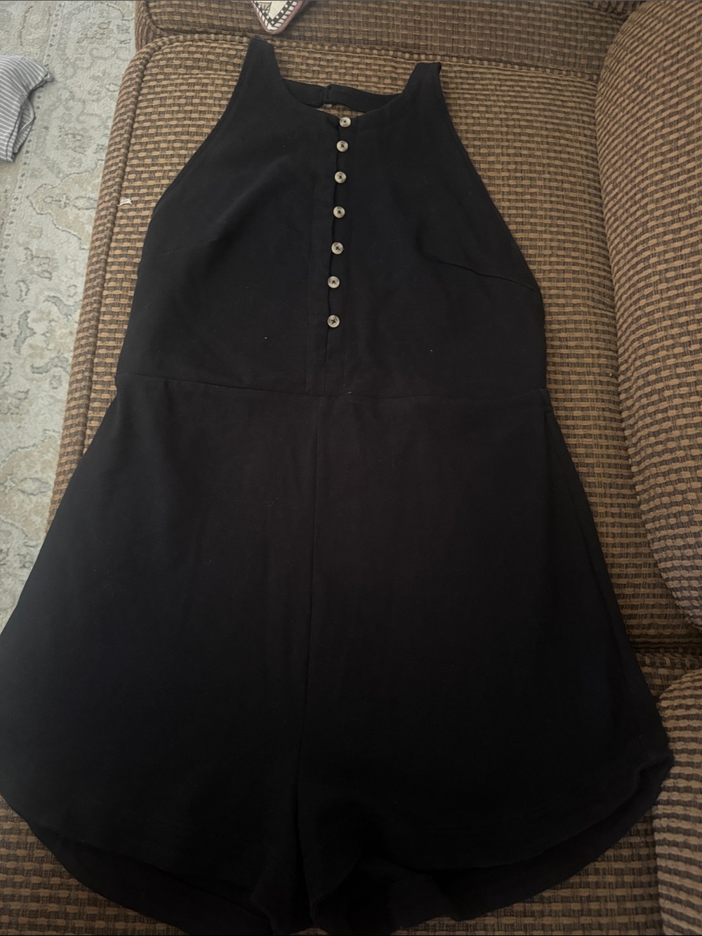 FP Beach Black Open Back, Sleeveless Button-Front Romper
